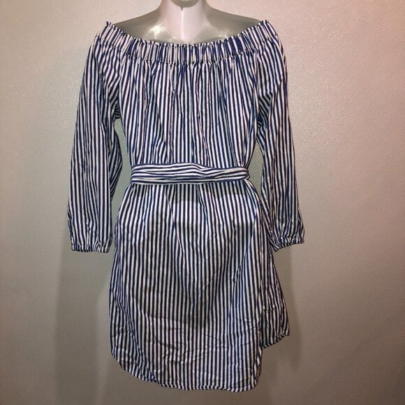 GAP Womens Medium Blue Striped Long Sleeve Off the Shoulder Summer Dress Size M - Picture 7 of 9